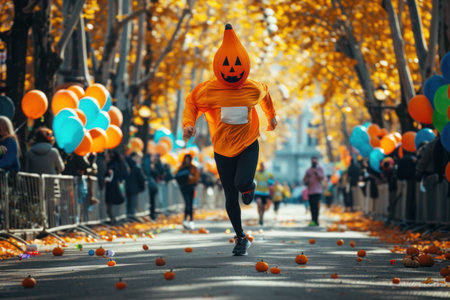Character dressed as a pumpkin runs down the street with a marathon. Generative AI.の素材