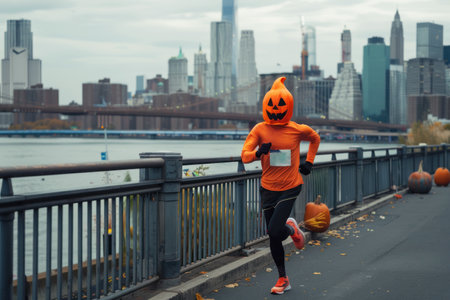 A person dressed in a pumpkin costume is jogging along a riverside path in a city during autumn. The scene is festive, capturing the Halloween spirit with urban surroundings in the background.の素材