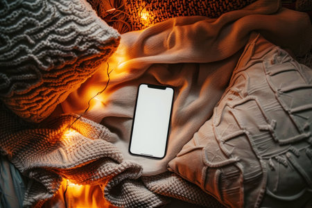 A smartphone with a blank screen is placed on soft, cozy blankets and surrounded by warm string lights, creating a cozy and inviting atmosphere.の素材