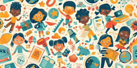 A colorful, seamless pattern featuring happy children engaged in various educational and playful activities.の素材