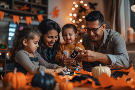 A happy family enjoys crafting Halloween decorations together at home.の素材
