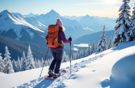 A hiker with a backpack treks through fresh snow, enjoying breathtaking mountain views at dawnの素材