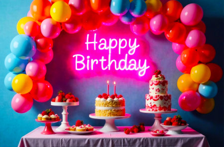 Bright decorations and delicious cakes create a joyful atmosphere for a birthday celebration with vibrant colorsの素材