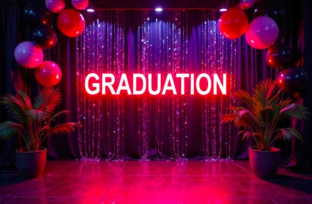 Bright graduation sign surrounded by colorful balloons creates a festive backdrop for celebrating achievementsの素材