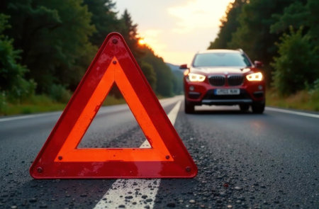 A red car is stopped on a country road while a hazard triangle signals an emergency at sunset with trees nearbyの素材