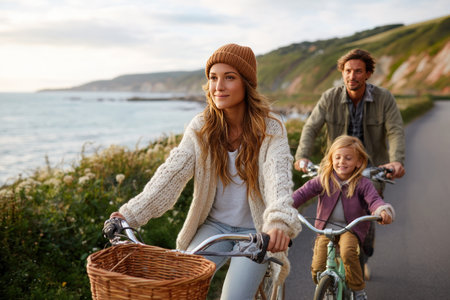Family enjoying a scenic bike ride along a coastal path, with a woman in a knitted hat leading, a child riding alongside, and a man following, capturing joyful moments in natureの素材