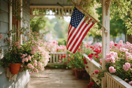 American flag waving gently on porch surrounded by blooming pink roses, creating a festive atmosphere for celebration and reflection on Independence Dayの素材