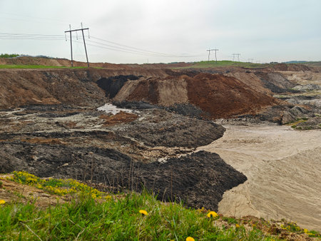 Landscape of industrial excavation site with soil, rocks, and water in a natural environment