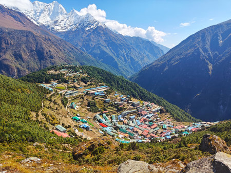Amazing morning view of Namche Bazaar, Nepal.の写真素材