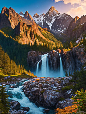 Beautiful mountain waterfall in the Alps at sunset. Switzerland, Europe.の素材
