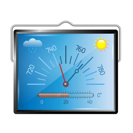 Barometer. A device for measuring atmospheric pressure and air temperature. Used indoors. The design is old-school. White isolated background.のイラスト素材