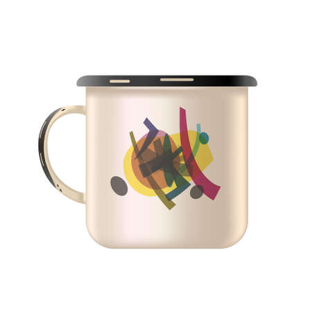 Metal enamel mug with an abstract painting. Old style. Isolated white background. Vector illustration.のイラスト素材