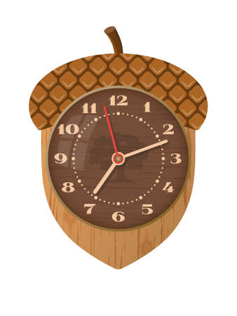 Acorn style wall clock for children's room. Decorative, creative and funny. Vector illustration. On a wooden base. Isolated white background.のイラスト素材