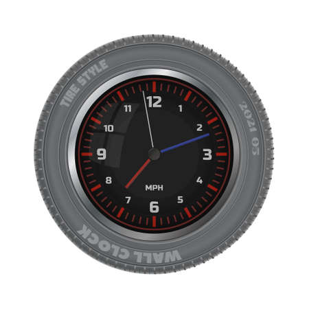 Tire style decorative wall clock. Creative business idea. Isolated white background. Vector...