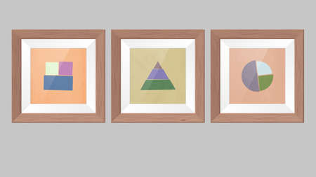 Three times three. Geometric abstractions in square wooden frames. Painting. Print. Grunge stylization. Isolated monochromatic background.の写真素材