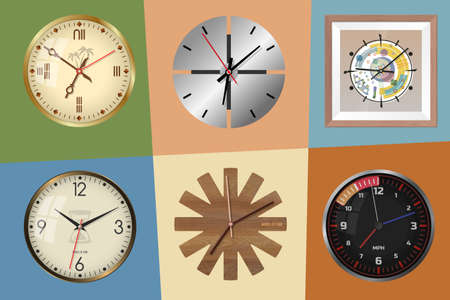 Decorative wall clocks. Set No. 2. Illustration with isolated chromatic backgroundの写真素材
