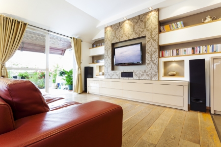 Modern room with plasma tv の写真素材