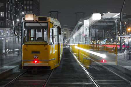 Old Tram in the city center of Budapest, Old Tram At Train Stations in Budapest, Hungary. Black And Whiteの写真素材