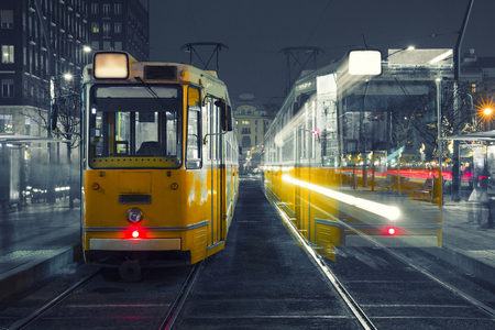 Old Tram in the city center of Budapest, Old Tram At Train Stations in Budapest, Hungary. Black And Whiteの写真素材