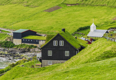 Scandinavian House with green roof, Faroe Islandsのeditorial素材