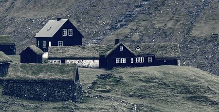 Old Saksun village, With  traditional Scandinavian type of green roof,  Located On The Faroe...