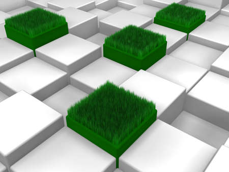 Many white cubes, and some of them with green grass.の写真素材