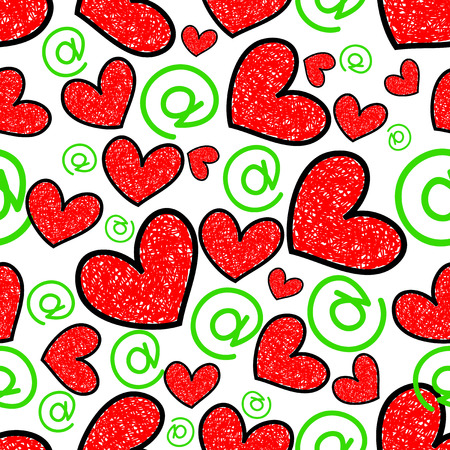 Vector illustration of seamless texture of hearts and symbol email.のイラスト素材