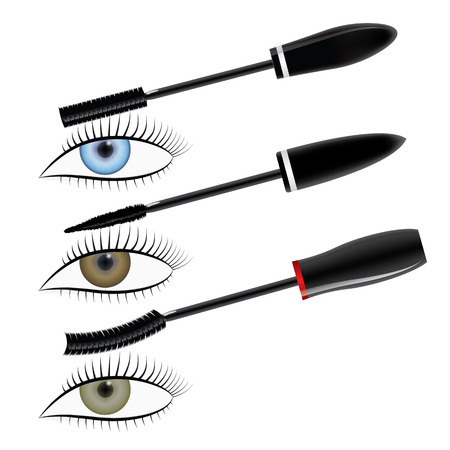Vector illustration of three mascara and eye. Demonstration action mascara. Isolated.のイラスト素材