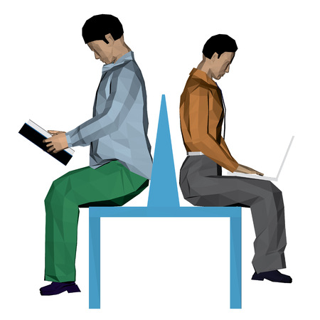 Vector illustration of two men sitting on the bench. One is reading a book and the other works with a laptop. 3D.のイラスト素材