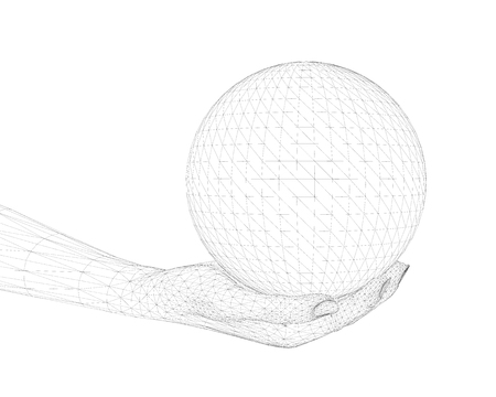 Abstract vector illustration with a polygon sphere in the human hand. Conceptual background to the protection of nature. 3D Sphere with hand isolated on white background. Vector illustration.のイラスト素材