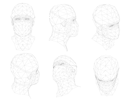 Polygonal head doctor in mask. A set of six kinds of doctor's head 3D. Various types of head arrangement, front, side, isometric, rear, top. Vector illustration. Conceptual background from outlines.のイラスト素材