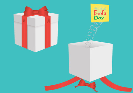 The gift box is open, a spring springs from it with a piece of paper with the inscription on April 1, the day of fools. 3D. Raffle with a gift box with a bow. Vector illustration.のイラスト素材