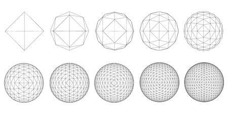 A set with spheres transforming from a simple form to a complex form. Sequence of geometric shapes. Vector illustration.のイラスト素材