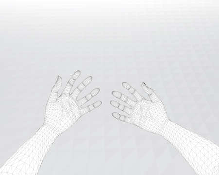 Virtual reality from the first person. The man looks at his hands in the program that is not fully loaded. Polygonal covering. 3D. Vector illustration.のイラスト素材