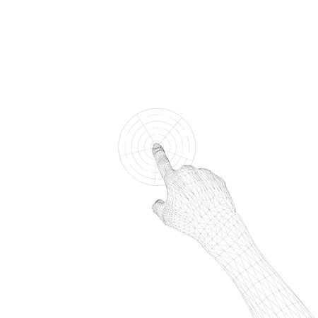 A polygonal hand of a person with a finger presses a button. 3D. Vector illustration.のイラスト素材