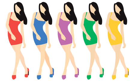Girl in different dresses. The girl in shoes and short dress in different colors. Flat style. The girl without a face. Vector illustration.のイラスト素材