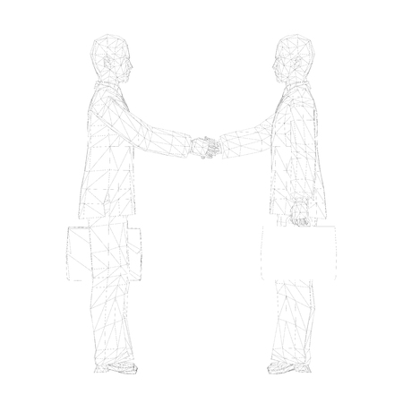 Two people with cases shake hands. 3D. People in the circuit. Vector illustration.のイラスト素材