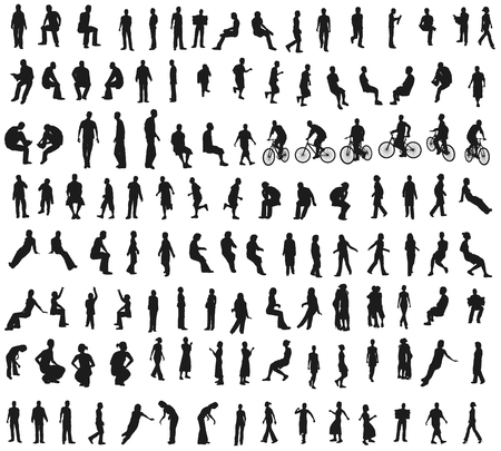 Set with silhouettes of people in different poses and situations. People stand, run, sit, play sports, ride a bicycle, dance. Vector illustration.のイラスト素材
