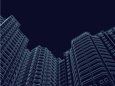 The contours of multi-storey buildings on a dark blue background. 3D. The wireframe of the buildings of the blue lines. Vector illustration.のイラスト素材