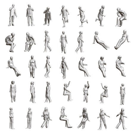 Set with people in different positions. 3D models of women, men and children in various poses. Vector illustration.のイラスト素材