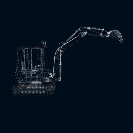 The wireframe of a small excavator. 3D. dark blue background. Vector illustration.のイラスト素材