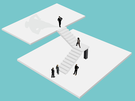Conceptual background with people climbing the stairs to the boss. Boss with a big majestic shadow. Isometry Vector illustration.のイラスト素材