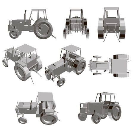 Set with a tractor. Model of a detailed tractor in different positions. 3D Vector illustration.