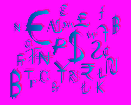 Background with world currencies. Currencies in 3d style on a pink background. Hand drawn currency. Vector illustration.のイラスト素材