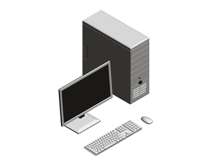 Vector illustration of a computer assembly. Isometry System unit, monitor, keyboard and mouse. 3D.のイラスト素材