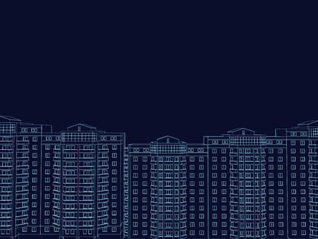 The contours of multi-storey buildings on a dark blue background. 3D. The wireframe of the buildings of the blue lines. Vector illustration.のイラスト素材