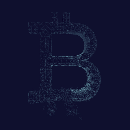 The wireframe of the bitcoin symbol is collapsing. Bitcoin breaks down into many fragments. Dark blue background. Vector illustration.のイラスト素材