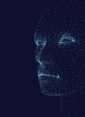 The face of a man consisting of points on the side. Man's face on a dark blue background. Vector illustration.のイラスト素材