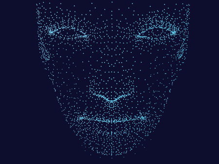 The face of a man in front of points. Man's face on a dark blue background. Vector illustration.のイラスト素材