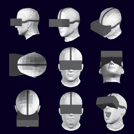 Set with heads in glasses of virtual reality. Vector illustration of 9 male heads from different angles with glasses of virtual reality. 3D Polygonal human head in different positions.のイラスト素材